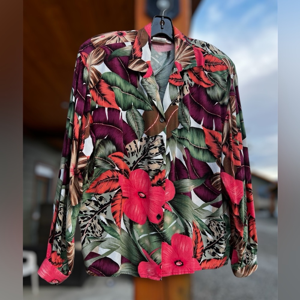 Vintage Functionals Tropical Floral Blouse Rayon Button Up 90s Botanical Print